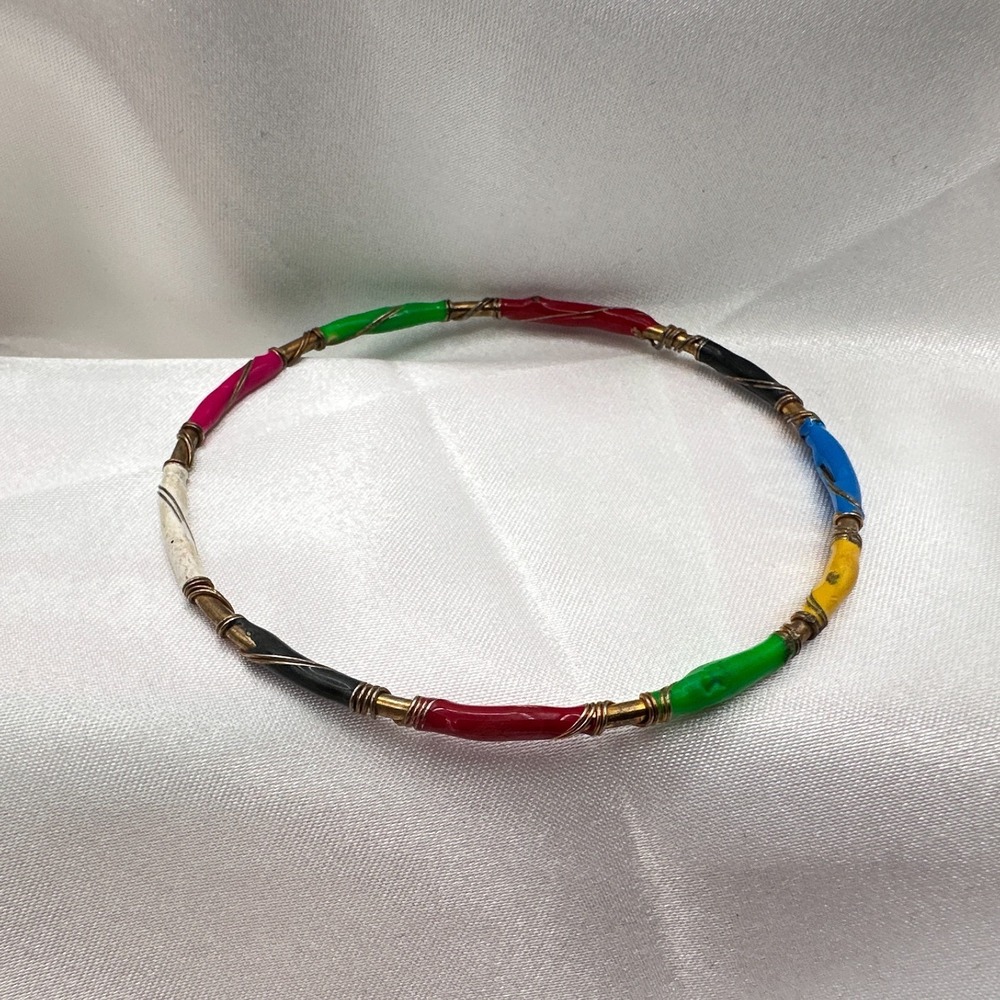 Vintage 80s Colored Enamel Bangle Gold Tone Wire Wrap Bamboo Bracelet Jewelry